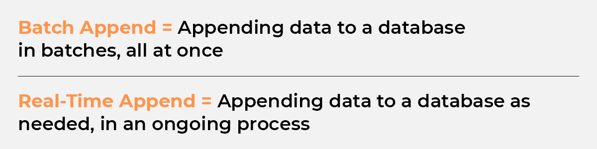 Data append services come in two forms: batch append and real-time append.